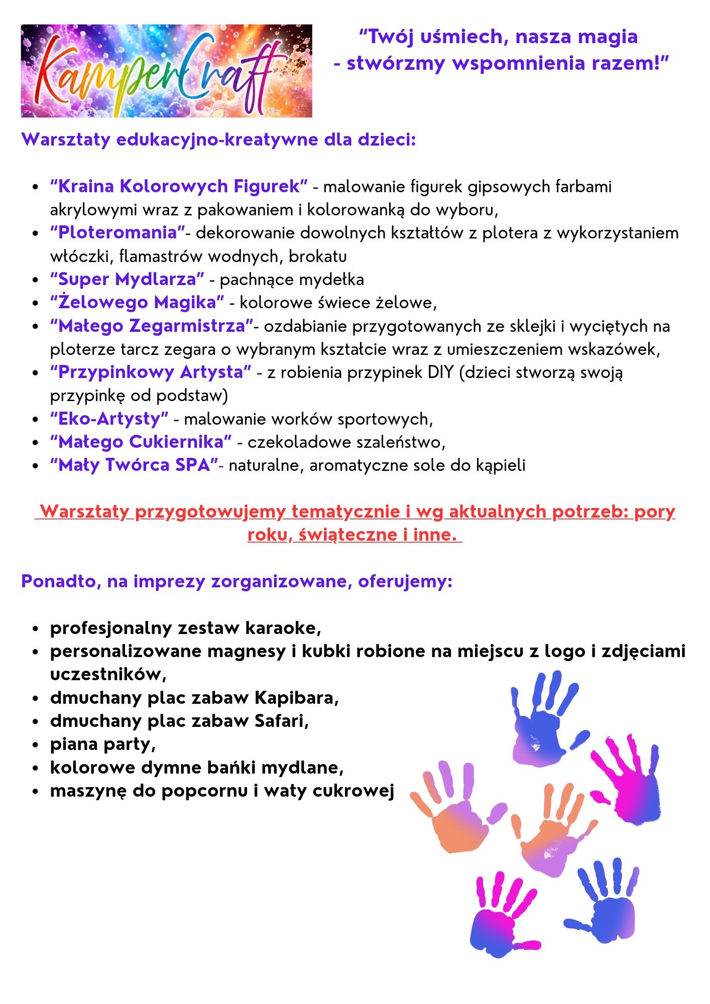 Wkładka KamperCraft z opisami warsztatów edukacyjno-kreatywnych dla dzieci i listą atrakcji
