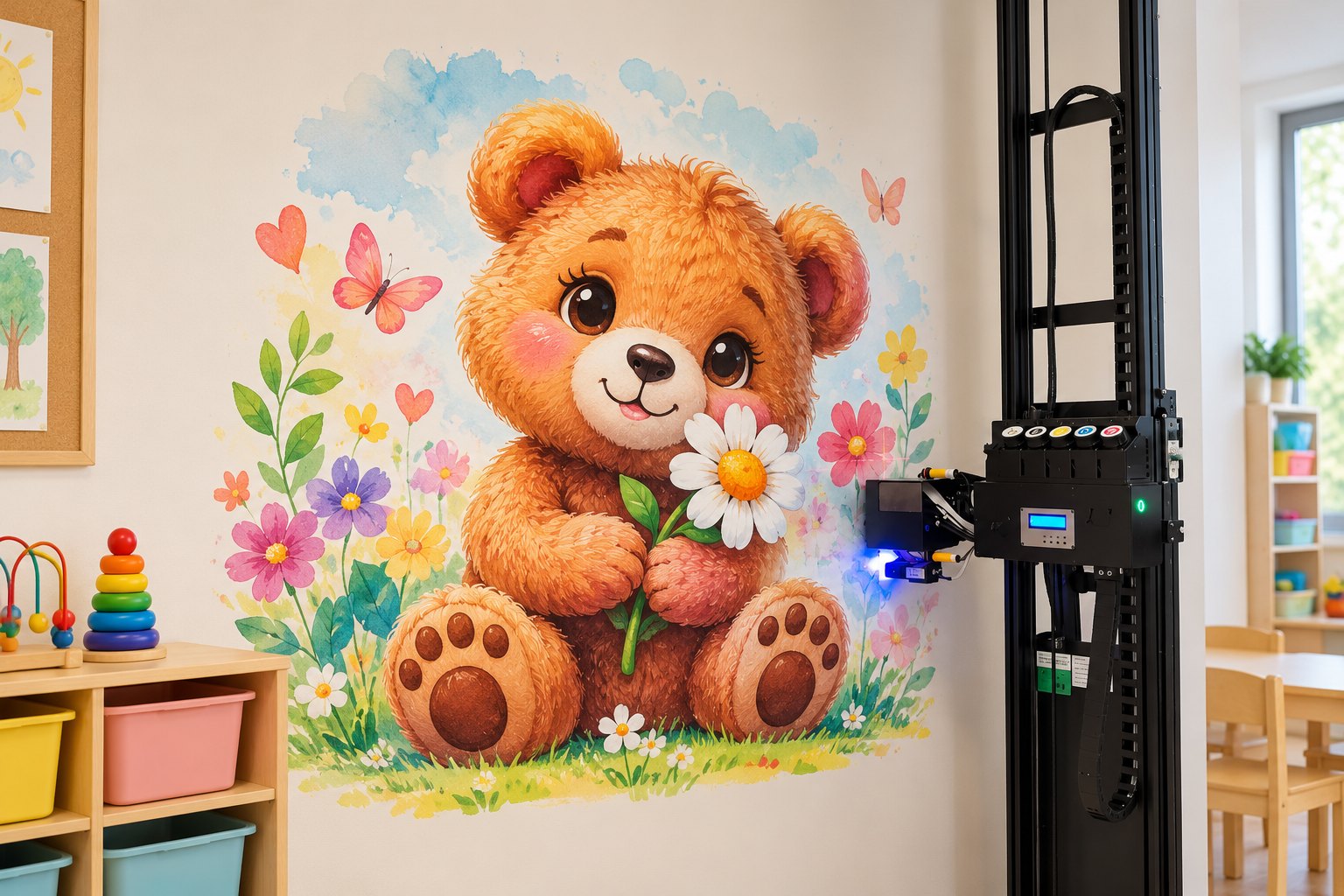 Drukarka UV tworząca bajkowy mural z misiem na ścianie w przedszkolu