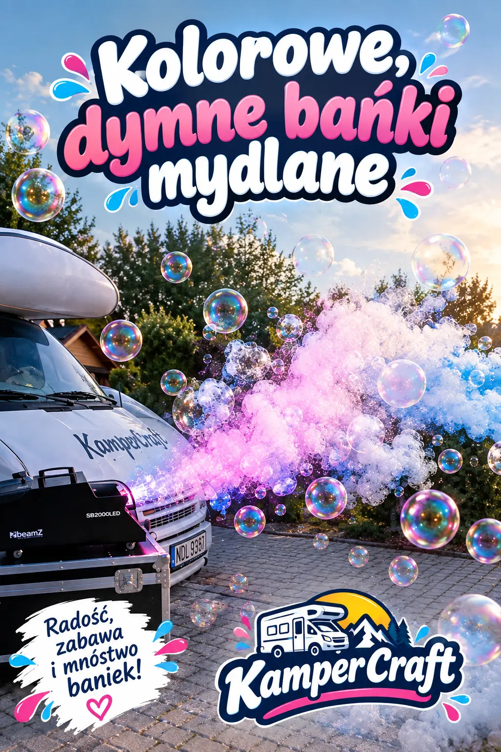 Kolorowe dymne bańki mydlane unoszące się nad posesją obok kampera KamperCraft