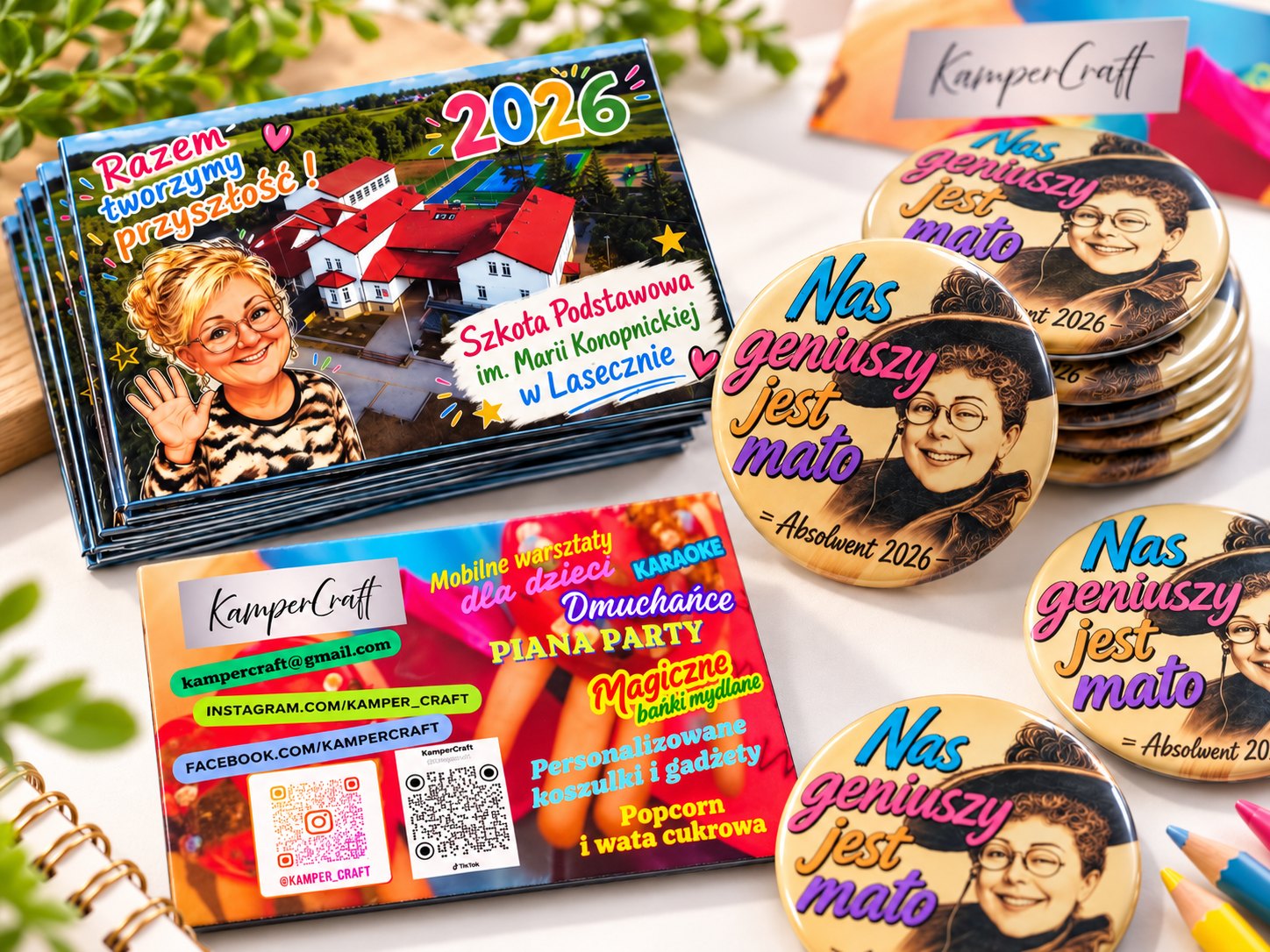 Kolorowa kolekcja personalizowanych magnesów i przypinek KamperCraft