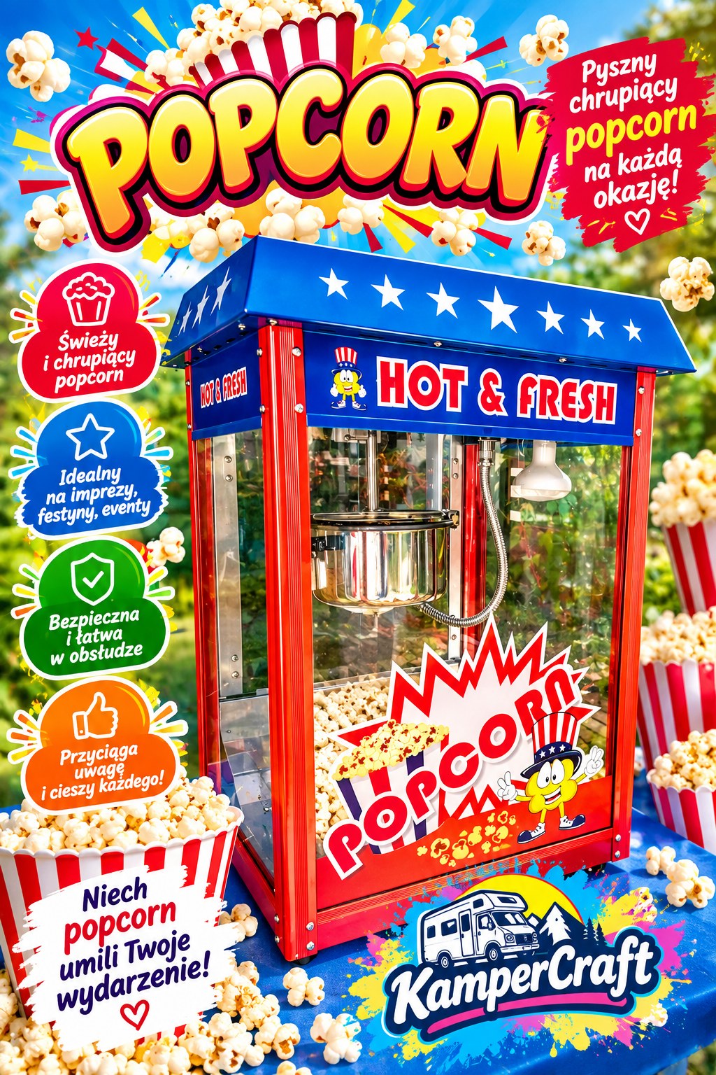 Czerwono-niebieska maszyna do popcornu z paskowanymi kubkami na niebieskim stole